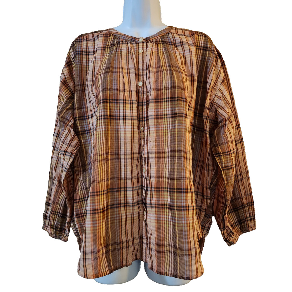 Free Assembly Womens Blouse Size M Orange Plaid 3/4 Sleeve Button Down Top